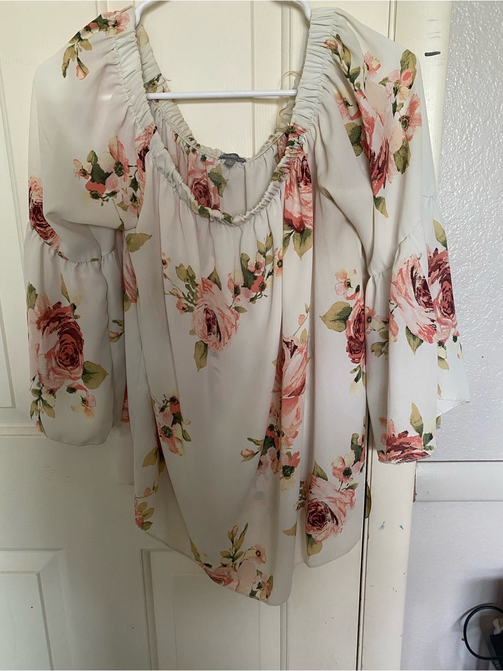 Charlotte Russe White Off-Shoulder Floral Blouse with Pink Roses